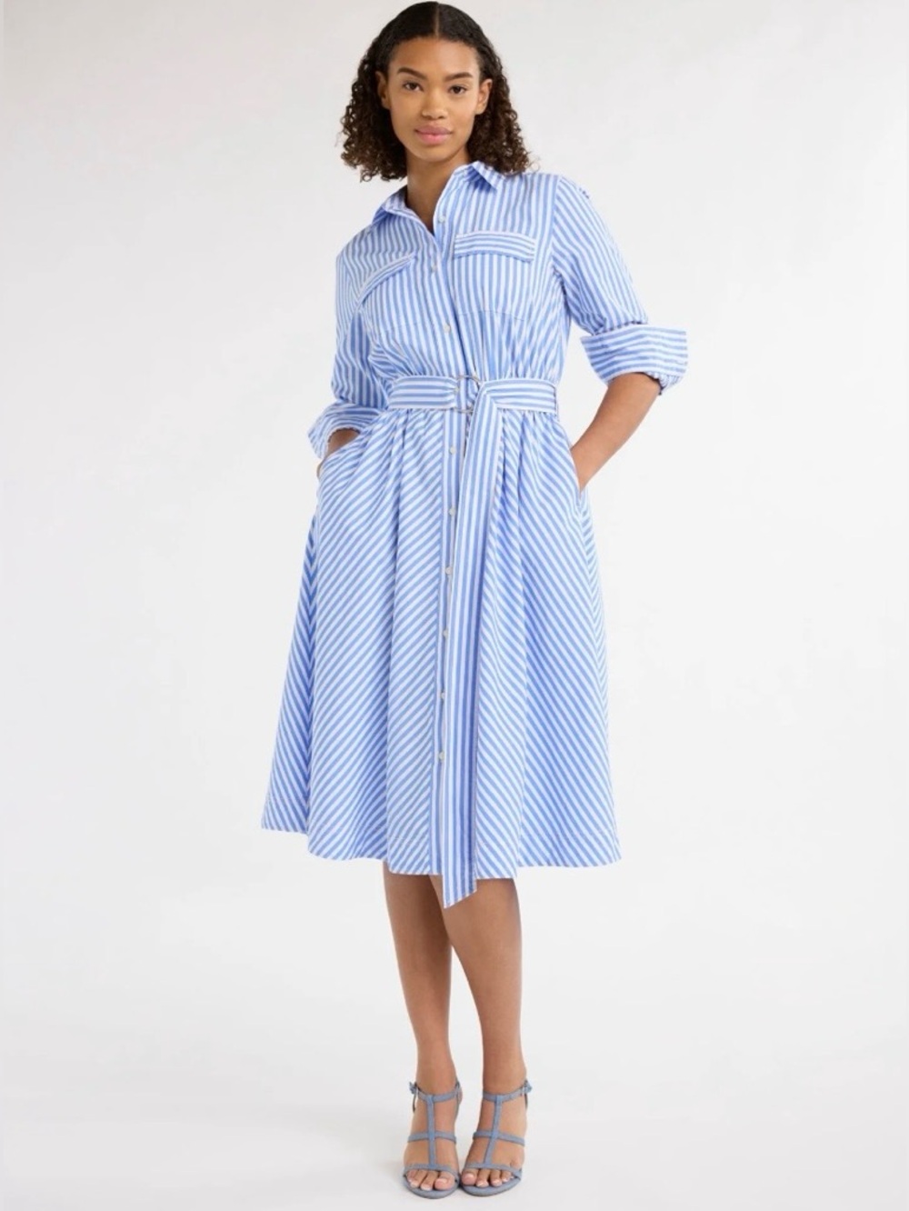 Free Assembly 💙 Belted Cotton Midi Dress for Women Blue Stripes